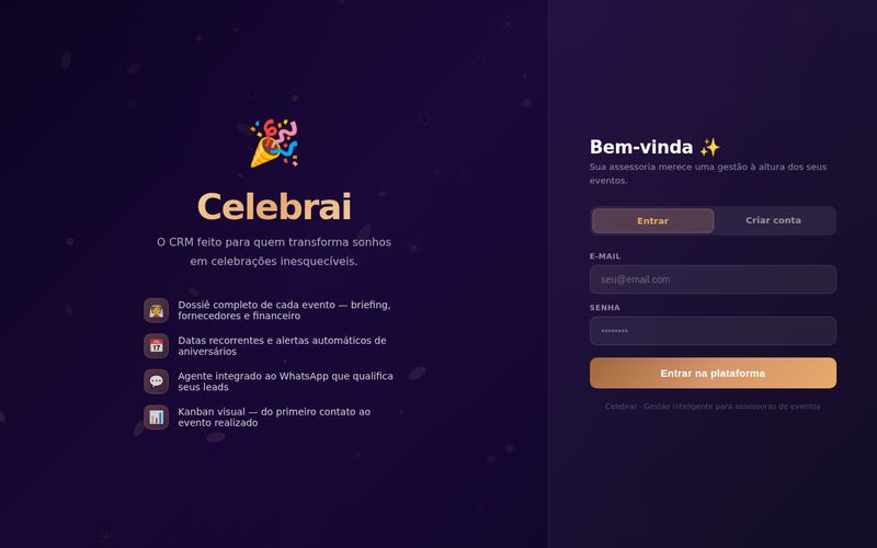 Tela de login do Celebrai, CRM para cerimonialistas