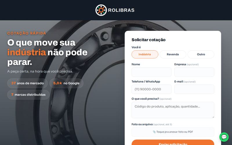 Site da Rolibras, distribuidora de rolamentos industriais
